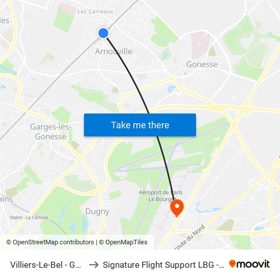 Villiers-Le-Bel - Gonesse - Arnouville to Signature Flight Support LBG - Paris Le Bourget Terminal 3 map