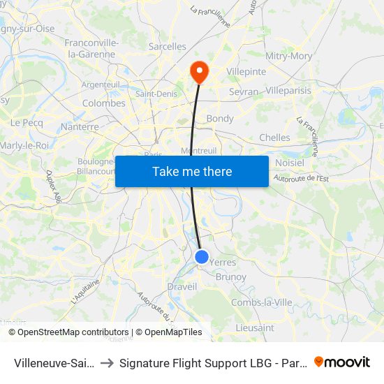 Villeneuve-Saint-Georges to Signature Flight Support LBG - Paris Le Bourget Terminal 3 map