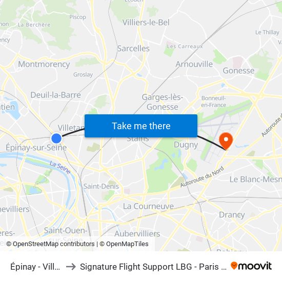 Épinay - Villetaneuse to Signature Flight Support LBG - Paris Le Bourget Terminal 3 map