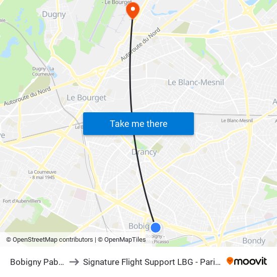 Bobigny Pablo Picasso to Signature Flight Support LBG - Paris Le Bourget Terminal 3 map