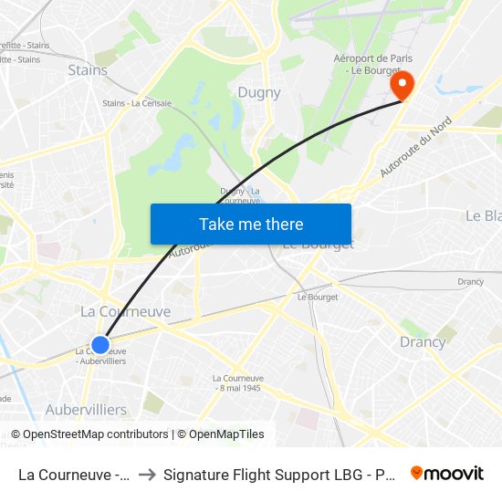 La Courneuve - Aubervilliers to Signature Flight Support LBG - Paris Le Bourget Terminal 3 map