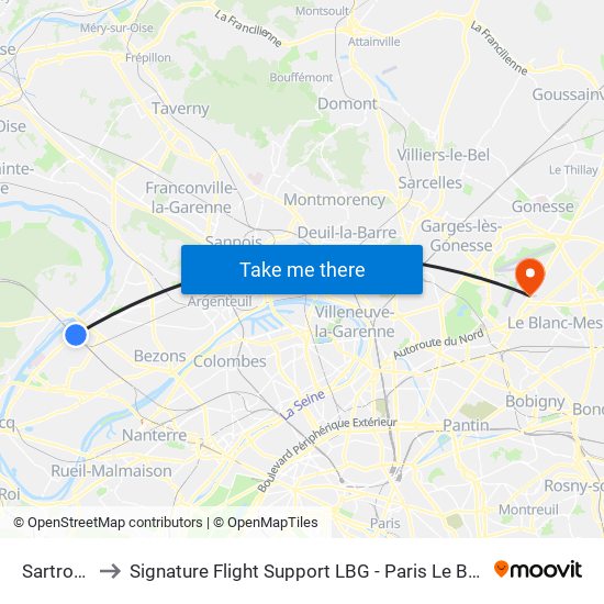 Sartrouville to Signature Flight Support LBG - Paris Le Bourget Terminal 3 map