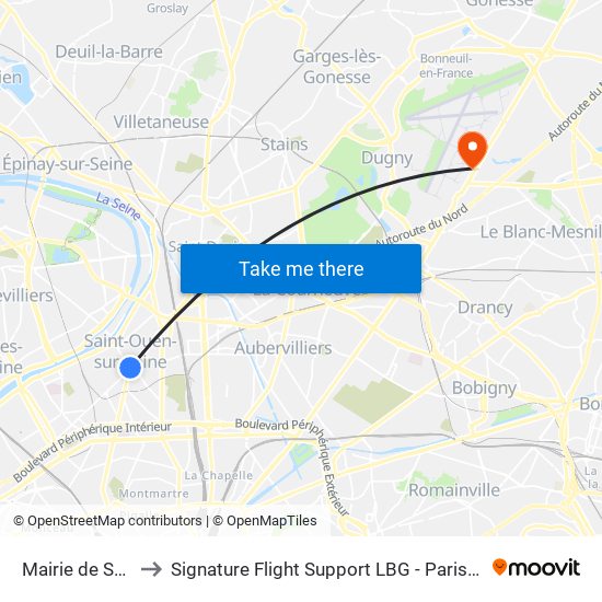 Mairie de Saint-Ouen to Signature Flight Support LBG - Paris Le Bourget Terminal 3 map