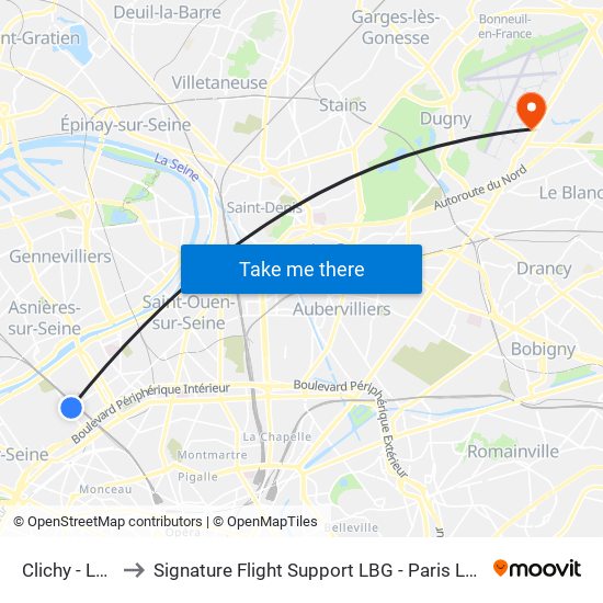 Clichy - Levallois to Signature Flight Support LBG - Paris Le Bourget Terminal 3 map