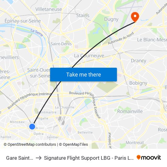 Gare Saint-Lazare to Signature Flight Support LBG - Paris Le Bourget Terminal 3 map