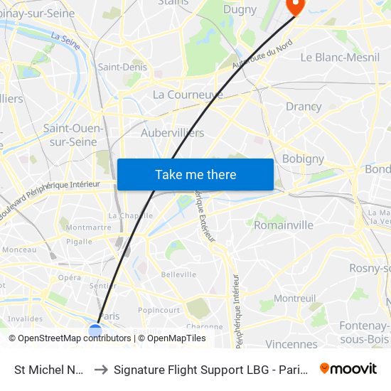 St Michel Notre Dame to Signature Flight Support LBG - Paris Le Bourget Terminal 3 map