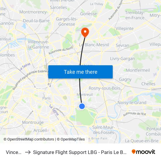 Vincennes to Signature Flight Support LBG - Paris Le Bourget Terminal 3 map