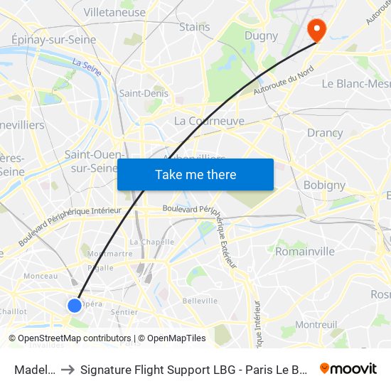 Madeleine to Signature Flight Support LBG - Paris Le Bourget Terminal 3 map