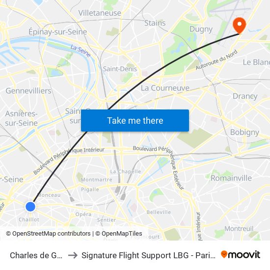 Charles de Gaulle Etoile to Signature Flight Support LBG - Paris Le Bourget Terminal 3 map