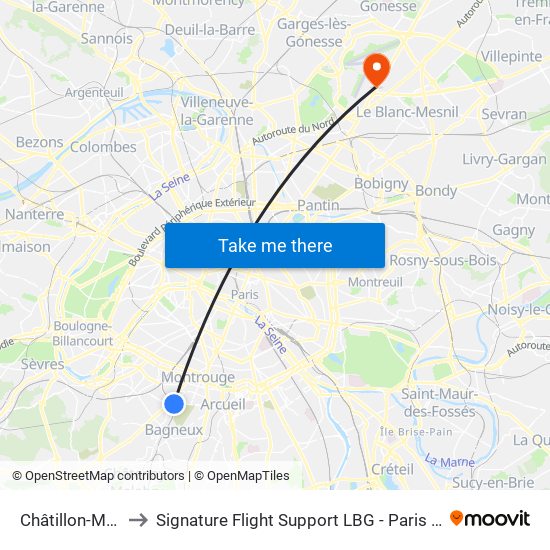 Châtillon-Montrouge to Signature Flight Support LBG - Paris Le Bourget Terminal 3 map