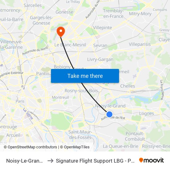 Noisy-Le-Grand - Mont D'Est to Signature Flight Support LBG - Paris Le Bourget Terminal 3 map