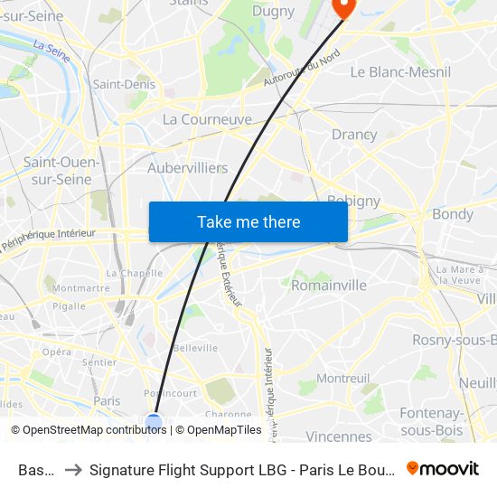 Bastille to Signature Flight Support LBG - Paris Le Bourget Terminal 3 map