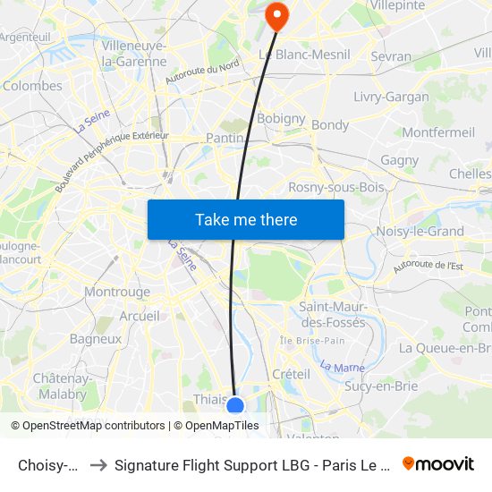 Choisy-Le-Roi to Signature Flight Support LBG - Paris Le Bourget Terminal 3 map