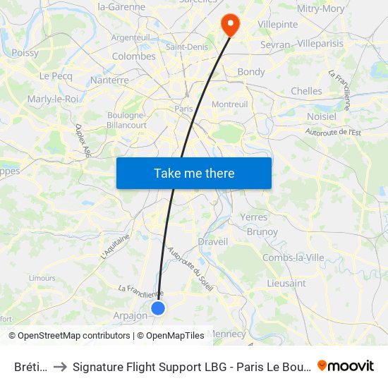 Brétigny to Signature Flight Support LBG - Paris Le Bourget Terminal 3 map