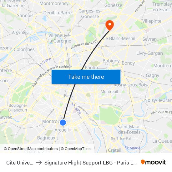 Cité Universitaire to Signature Flight Support LBG - Paris Le Bourget Terminal 3 map