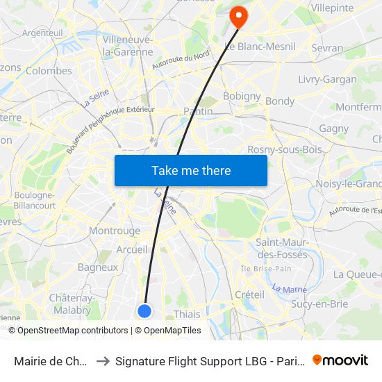 Mairie de Chevilly-Larue to Signature Flight Support LBG - Paris Le Bourget Terminal 3 map