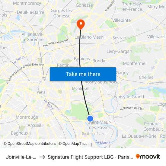 Joinville-Le-Pont RER to Signature Flight Support LBG - Paris Le Bourget Terminal 3 map