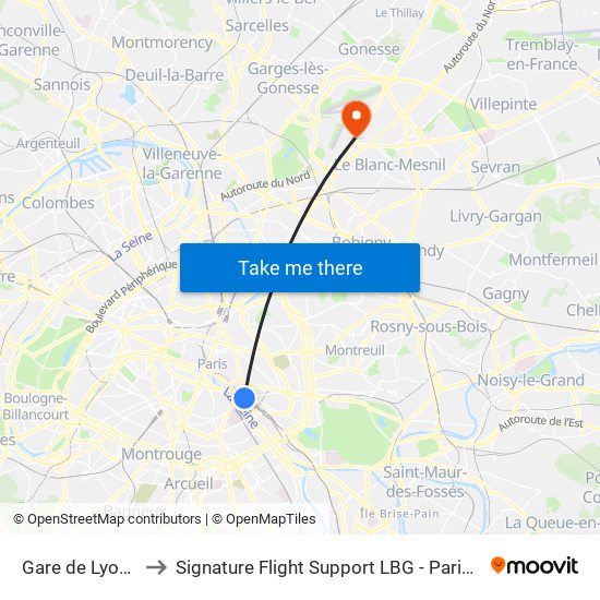 Gare de Lyon - Diderot to Signature Flight Support LBG - Paris Le Bourget Terminal 3 map