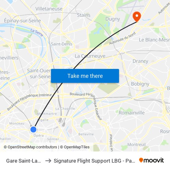 Gare Saint-Lazare – Havre to Signature Flight Support LBG - Paris Le Bourget Terminal 3 map