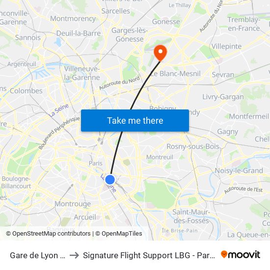 Gare de Lyon - Van Gogh to Signature Flight Support LBG - Paris Le Bourget Terminal 3 map