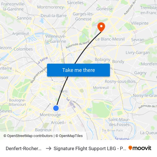 Denfert-Rochereau - Métro-Rer to Signature Flight Support LBG - Paris Le Bourget Terminal 3 map