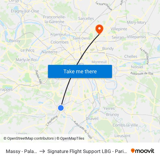 Massy - Palaiseau RER to Signature Flight Support LBG - Paris Le Bourget Terminal 3 map
