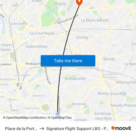 Place de la Porte de Montreuil to Signature Flight Support LBG - Paris Le Bourget Terminal 3 map