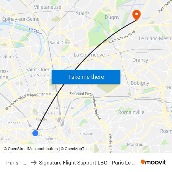 Paris - Opéra to Signature Flight Support LBG - Paris Le Bourget Terminal 3 map