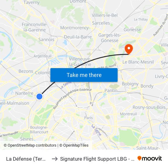 La Défense (Terminal Jules Verne) to Signature Flight Support LBG - Paris Le Bourget Terminal 3 map