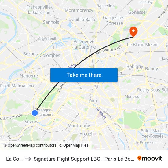 La Colline to Signature Flight Support LBG - Paris Le Bourget Terminal 3 map