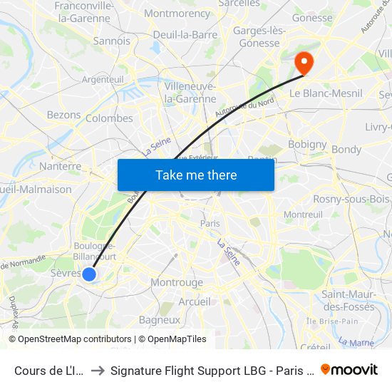 Cours de L'Ile Seguin to Signature Flight Support LBG - Paris Le Bourget Terminal 3 map