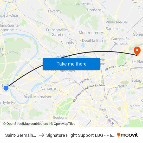Saint-Germain-En-Laye RER to Signature Flight Support LBG - Paris Le Bourget Terminal 3 map