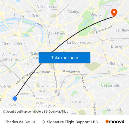 Charles de Gaulle - Étoile - Wagram to Signature Flight Support LBG - Paris Le Bourget Terminal 3 map