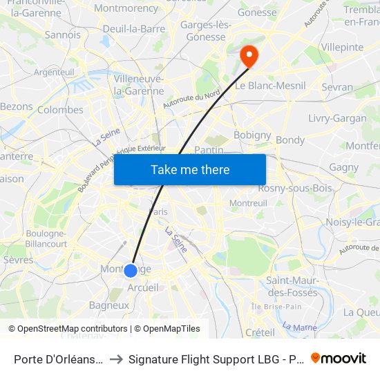 Porte D'Orléans - Ernest Reyer to Signature Flight Support LBG - Paris Le Bourget Terminal 3 map