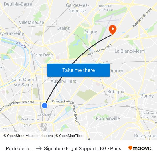 Porte de la Chapelle to Signature Flight Support LBG - Paris Le Bourget Terminal 3 map