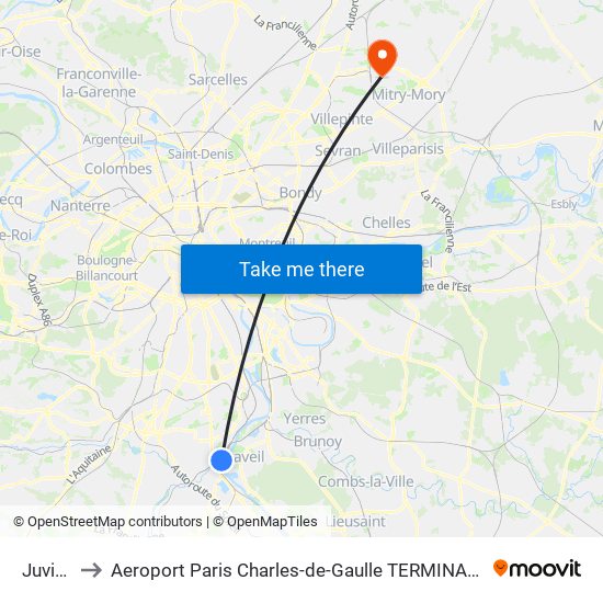 Juvisy to Aeroport Paris Charles-de-Gaulle TERMINAL L map