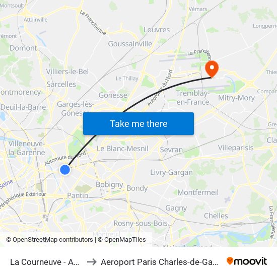 La Courneuve - Aubervilliers to Aeroport Paris Charles-de-Gaulle TERMINAL L map