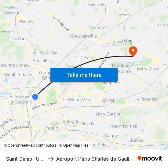 Saint-Denis - Université to Aeroport Paris Charles-de-Gaulle TERMINAL L map