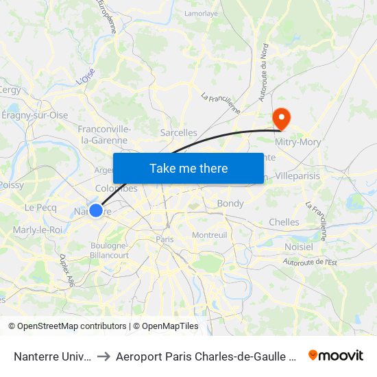 Nanterre Université to Aeroport Paris Charles-de-Gaulle TERMINAL L map