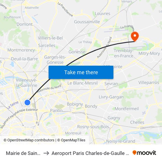 Mairie de Saint-Ouen to Aeroport Paris Charles-de-Gaulle TERMINAL L map