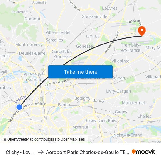 Clichy - Levallois to Aeroport Paris Charles-de-Gaulle TERMINAL L map