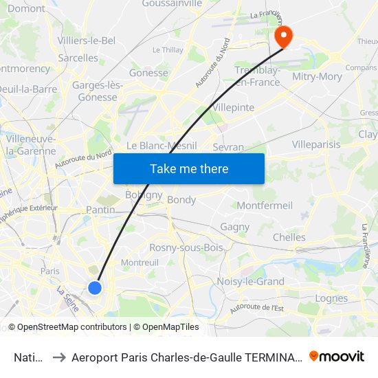 Nation to Aeroport Paris Charles-de-Gaulle TERMINAL L map