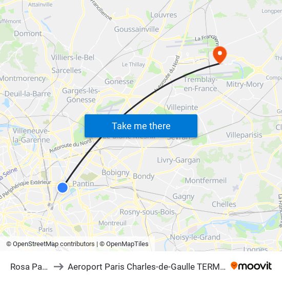 Rosa Parks to Aeroport Paris Charles-de-Gaulle TERMINAL L map