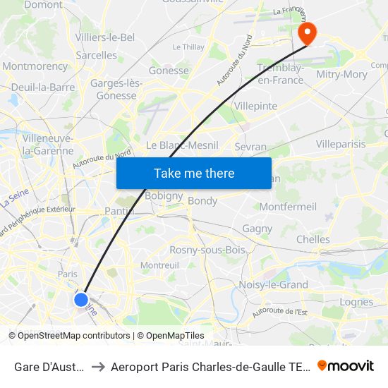 Gare D'Austerlitz to Aeroport Paris Charles-de-Gaulle TERMINAL L map