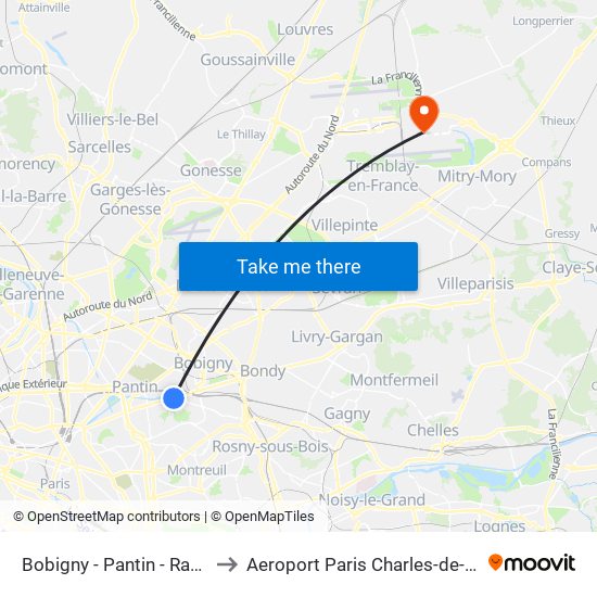 Bobigny - Pantin - Raymond Queneau to Aeroport Paris Charles-de-Gaulle TERMINAL L map