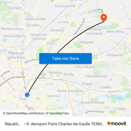 République to Aeroport Paris Charles-de-Gaulle TERMINAL L map