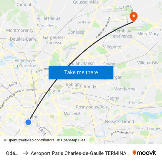 Odéon to Aeroport Paris Charles-de-Gaulle TERMINAL L map