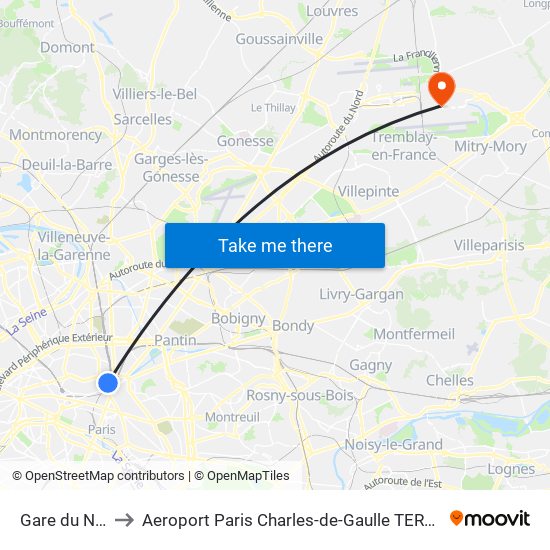 Gare du Nord to Aeroport Paris Charles-de-Gaulle TERMINAL L map