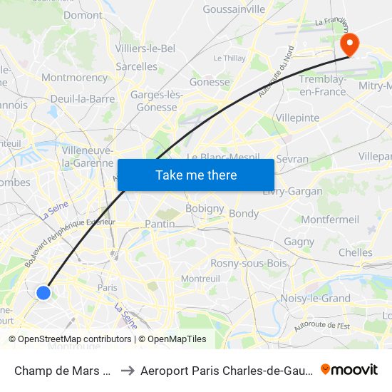 Champ de Mars Tour Eiffel to Aeroport Paris Charles-de-Gaulle TERMINAL L map