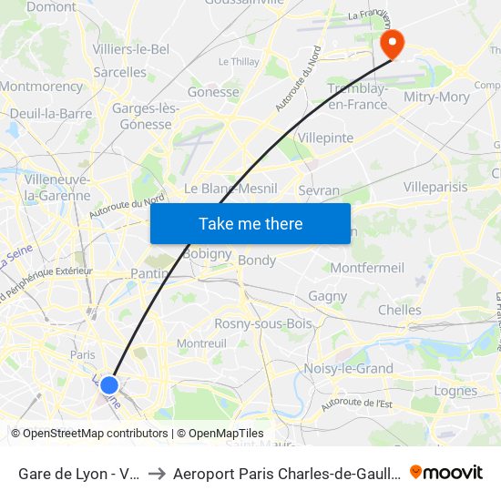 Gare de Lyon - Van Gogh to Aeroport Paris Charles-de-Gaulle TERMINAL L map